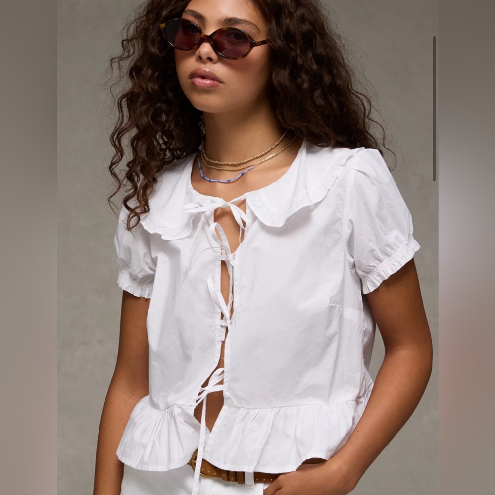 American eagle AE Collared Puff Sleeve Tie Front Blouse size L